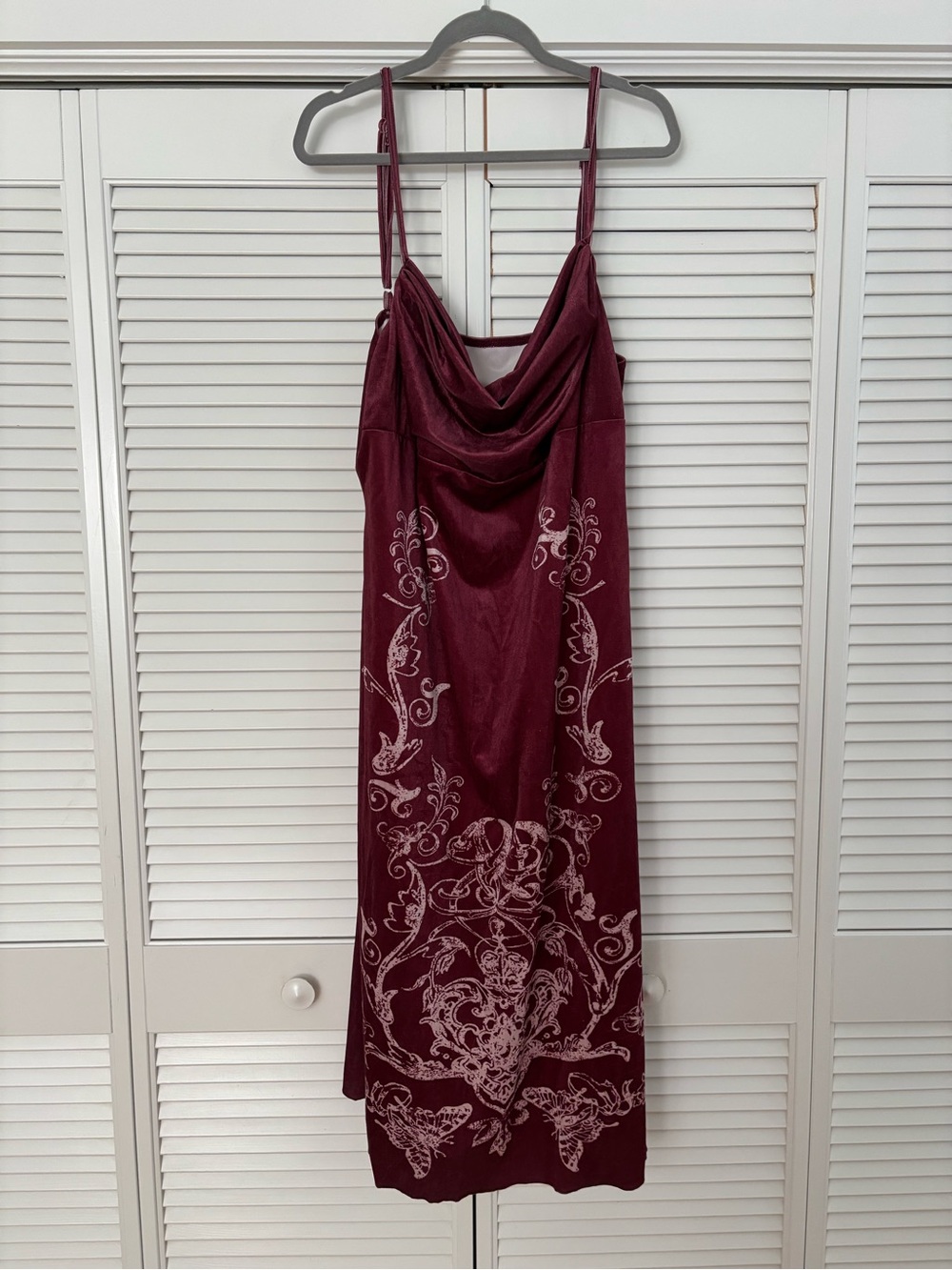 Cider Maroon Cowl-Neck Midi Velvet Dress with Embroidered Motif